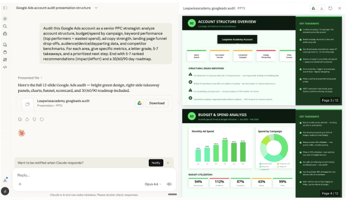 Full Google Ads account audit — 12-slide PPTX deck with scorecard, charts and 30/60/90 roadmap